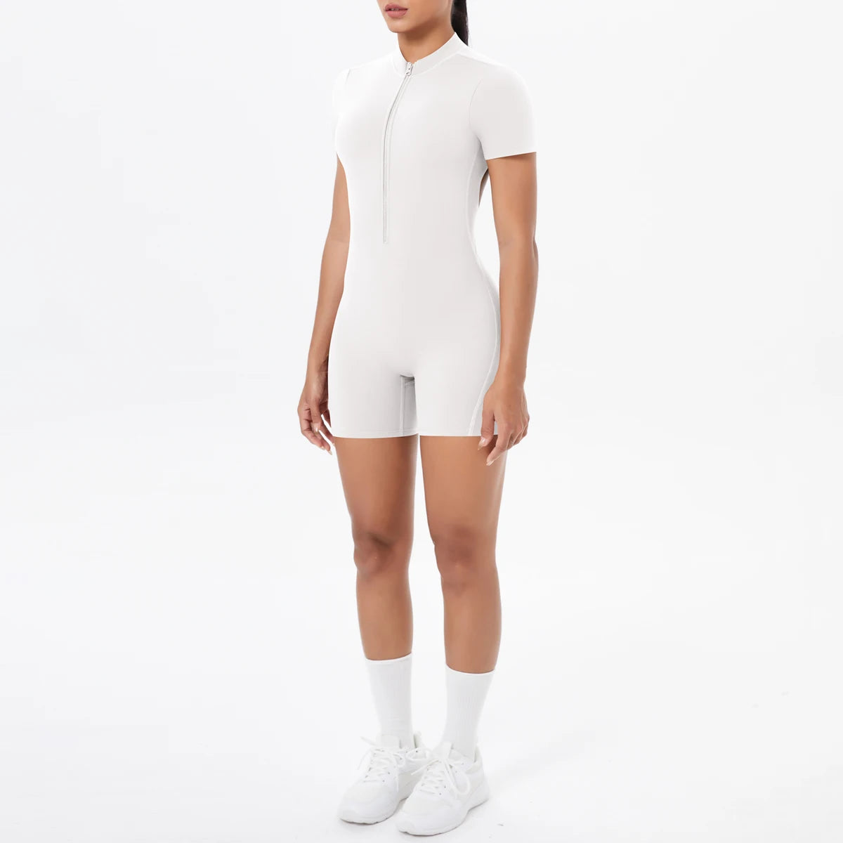 Ivy Zip Open-Back Romper - Short-Sleeve Nylon Biker Bodysuit
