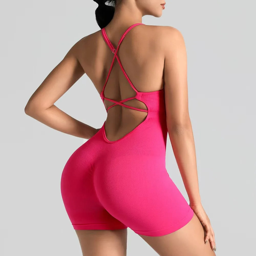 Tessa Strappy-Back Romper - Seamless Nylon Yoga Bodysuit with Shorts