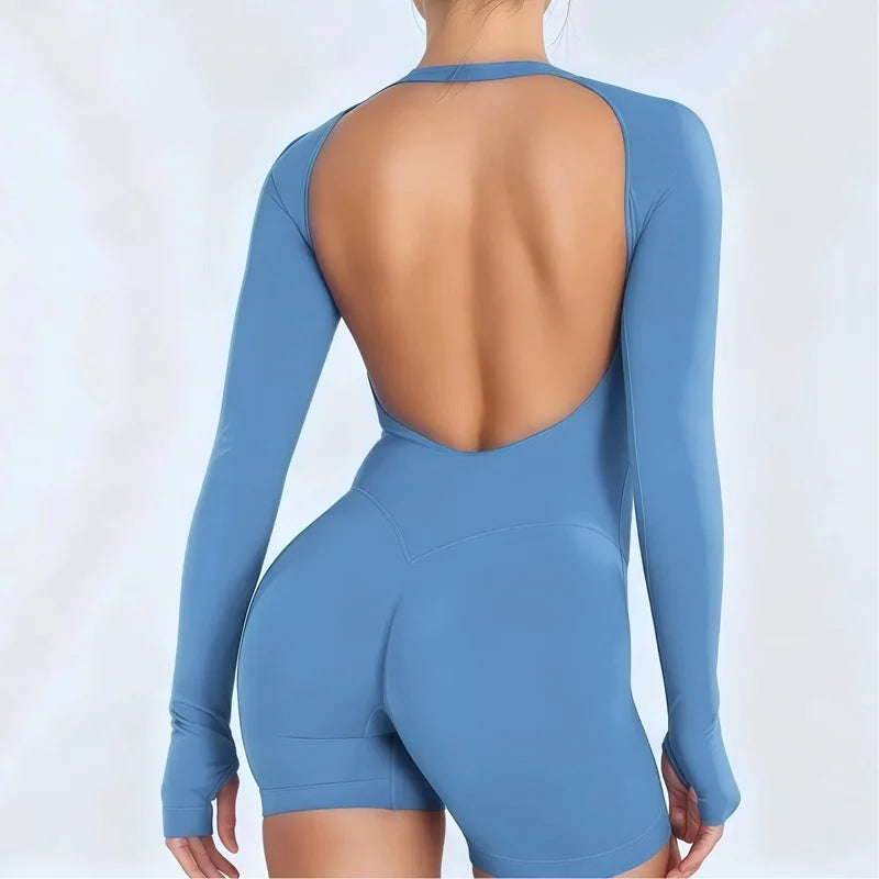 Ember Open-Back Long-Sleeve Jumpsuit - Nylon Backless Yoga Bodysuit for Women