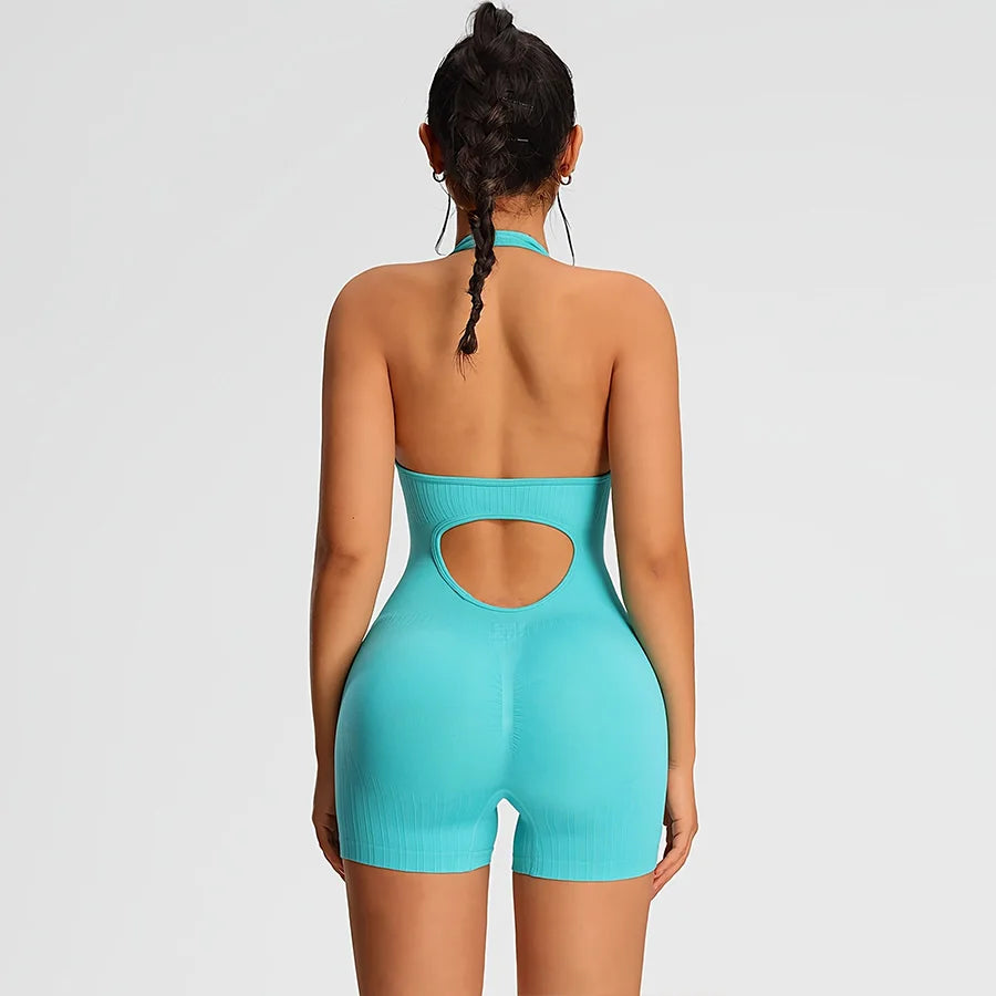 Marina Halter Open-Back Romper - Nylon Gym Bodysuit with Shorts