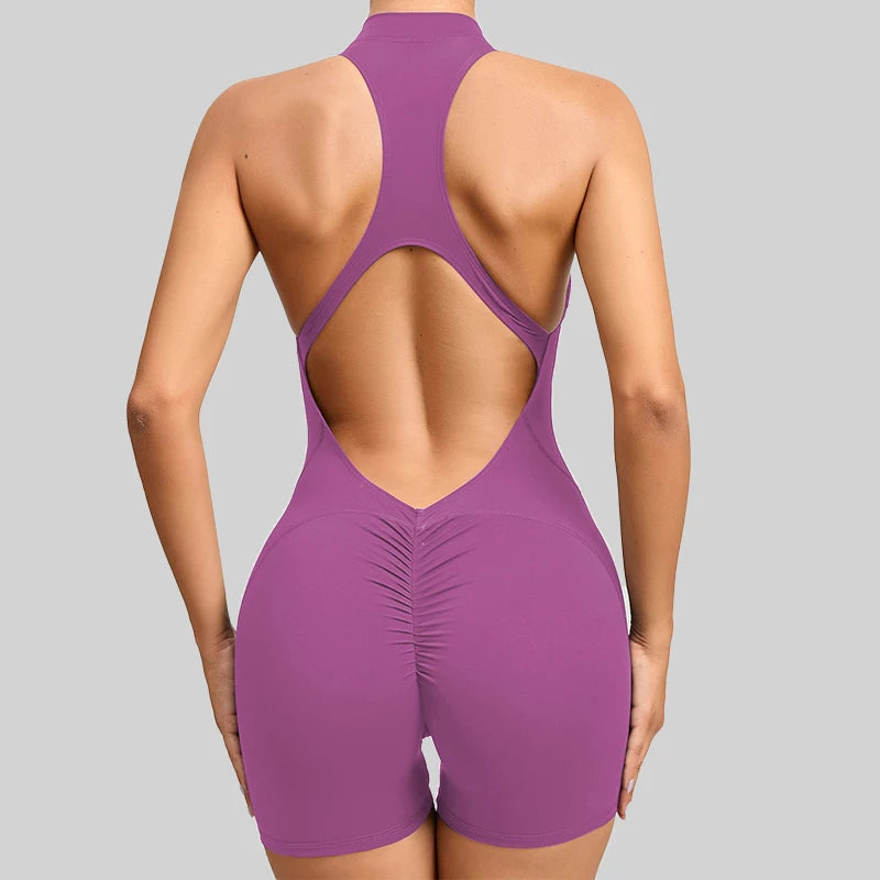 Willow Sleeveless Sport Romper - Nylon Gym Bodysuit with Shorts