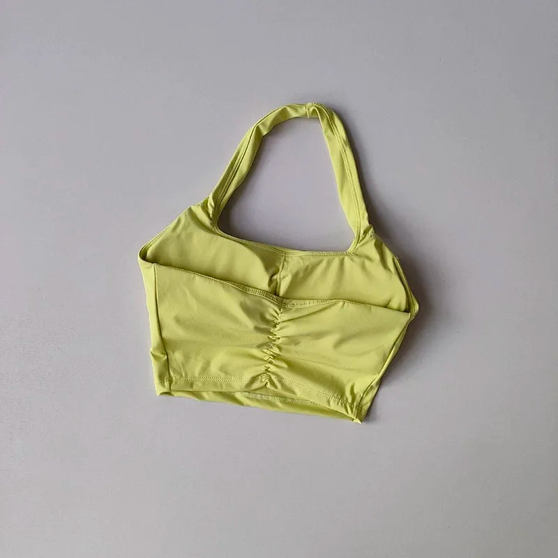 Aurelie Pleated Halter Bra - Open-Back Padded Nylon Sports Bra