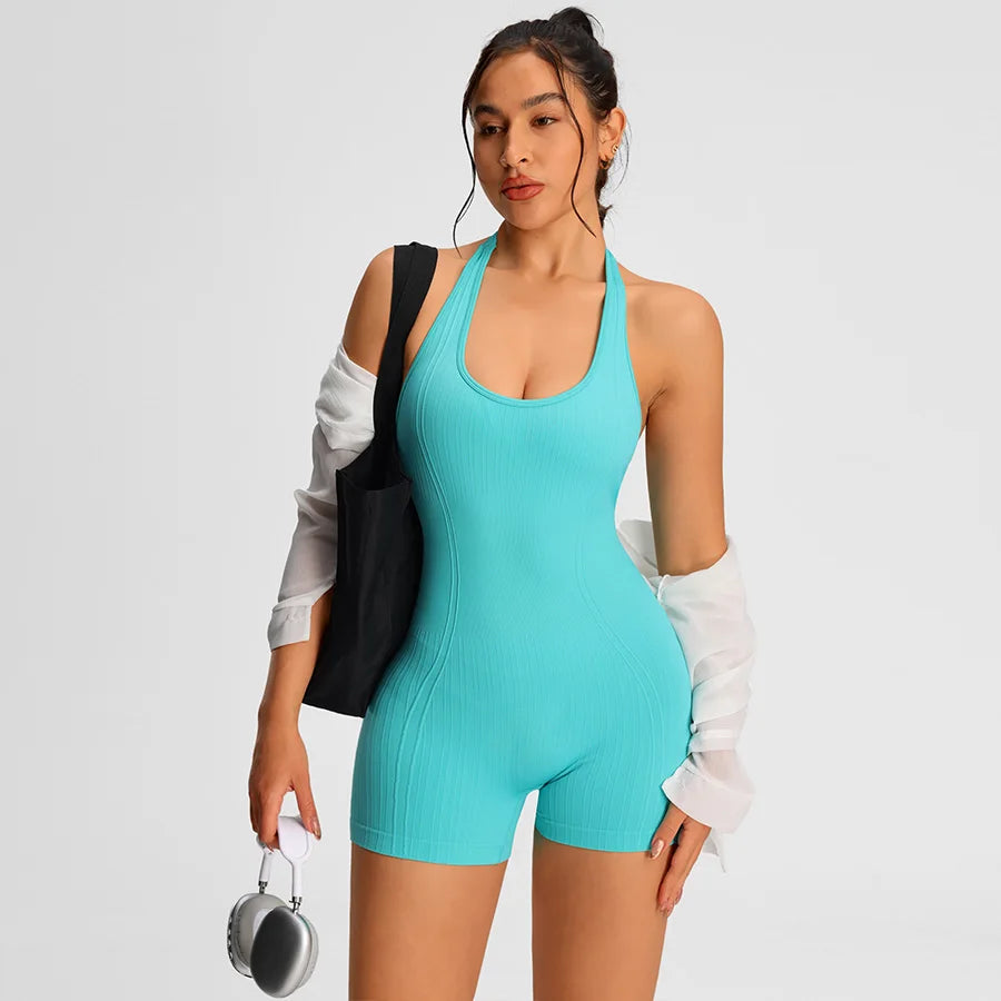 Marina Halter Open-Back Romper - Nylon Gym Bodysuit with Shorts