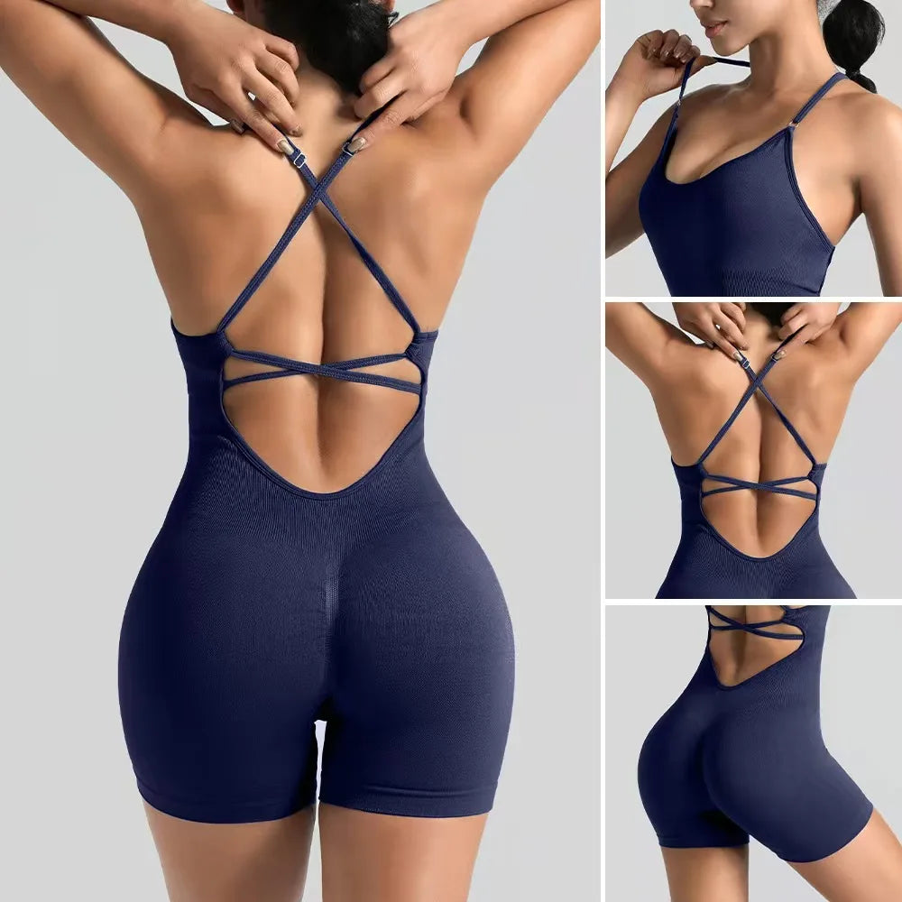 Tessa Strappy-Back Romper - Seamless Nylon Yoga Bodysuit with Shorts