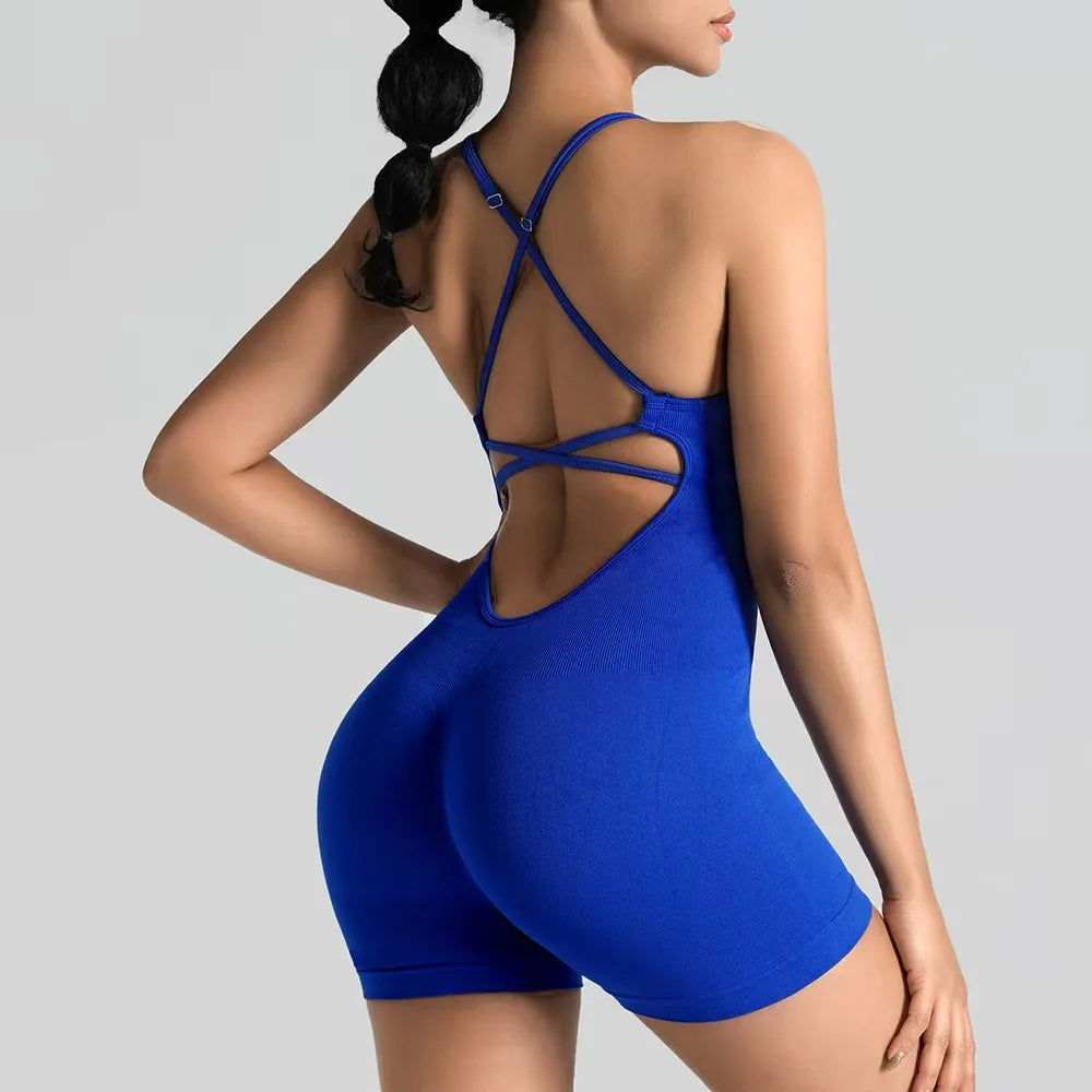 Tessa Strappy-Back Romper - Seamless Nylon Yoga Bodysuit with Shorts