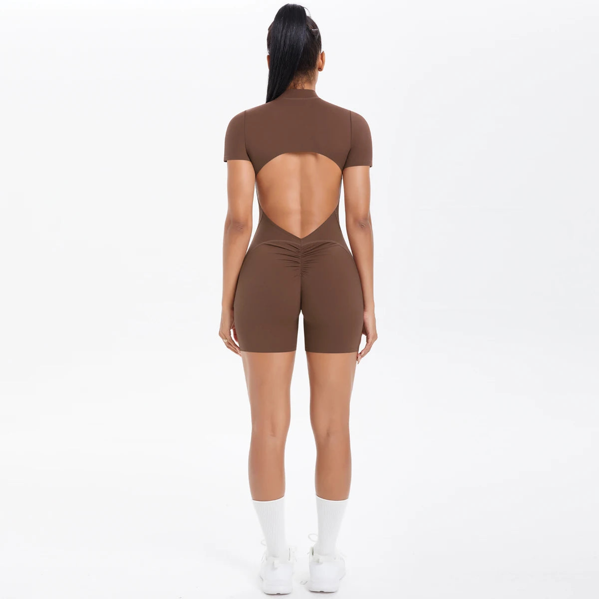 Ivy Zip Open-Back Romper - Short-Sleeve Nylon Biker Bodysuit