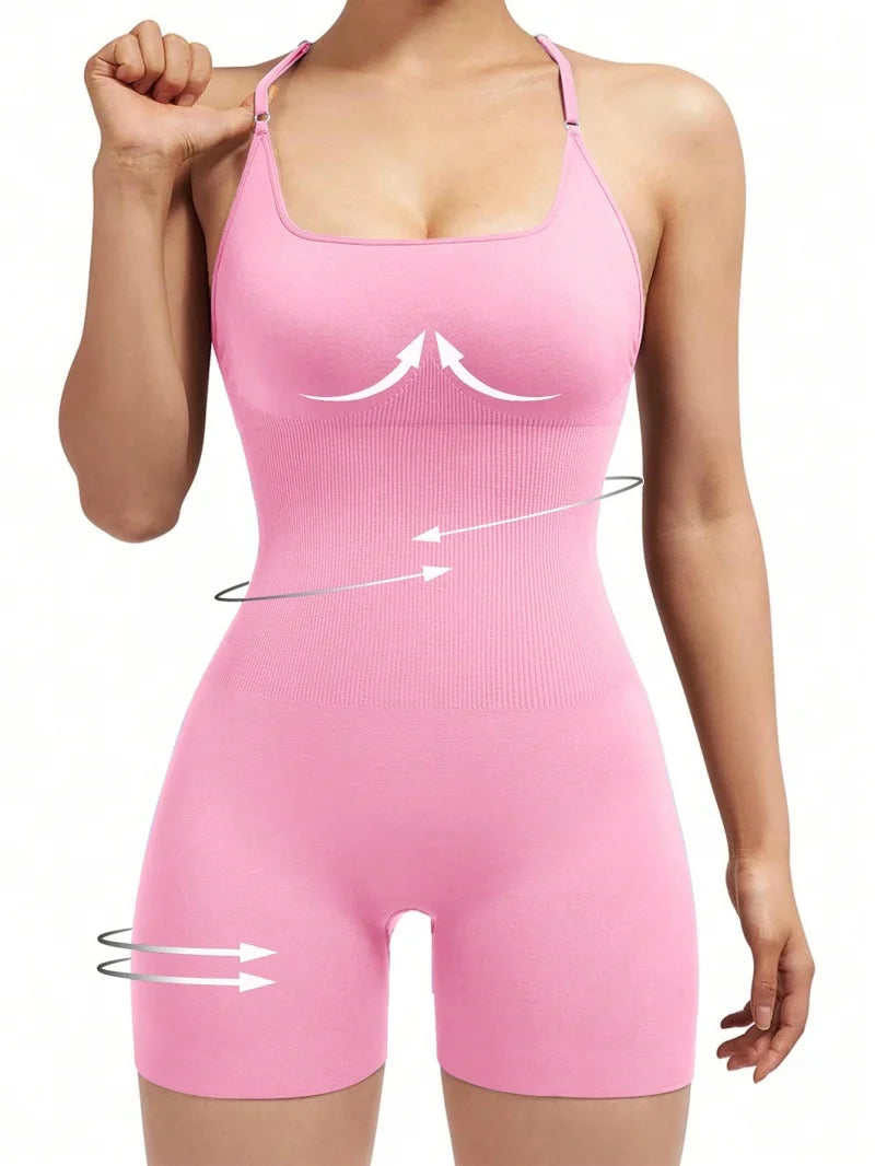 Cleo Cross-Back Scrunch Romper - Adjustable Strappy Gym Bodysuit