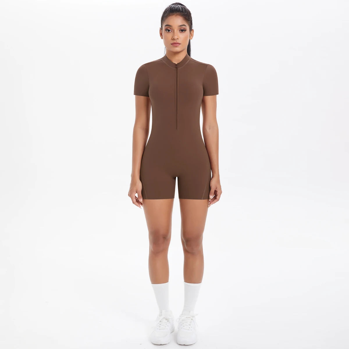 Ivy Zip Open-Back Romper - Short-Sleeve Nylon Biker Bodysuit