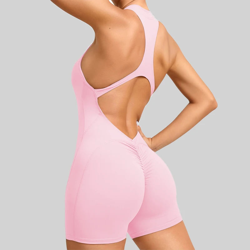 Willow Sleeveless Sport Romper - Nylon Gym Bodysuit with Shorts