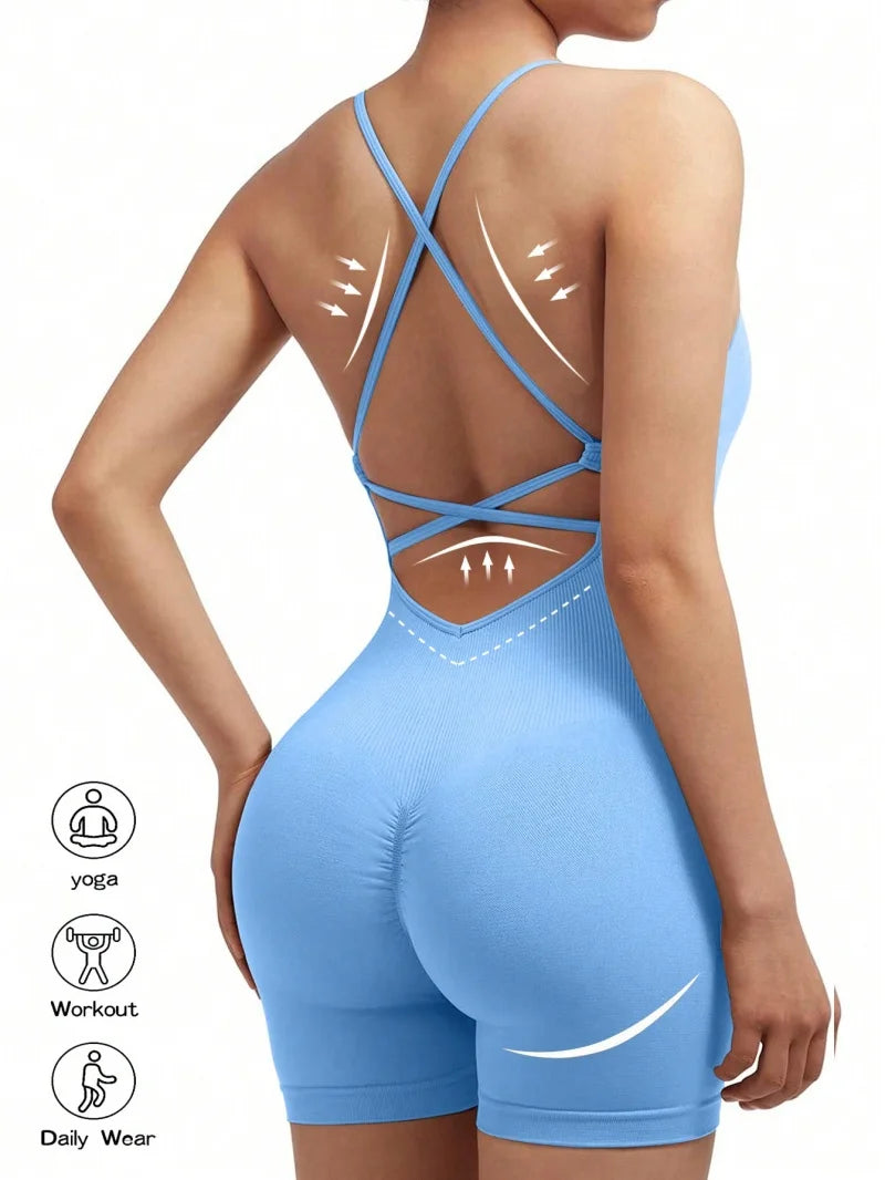 Cleo Cross-Back Scrunch Romper - Adjustable Strappy Gym Bodysuit