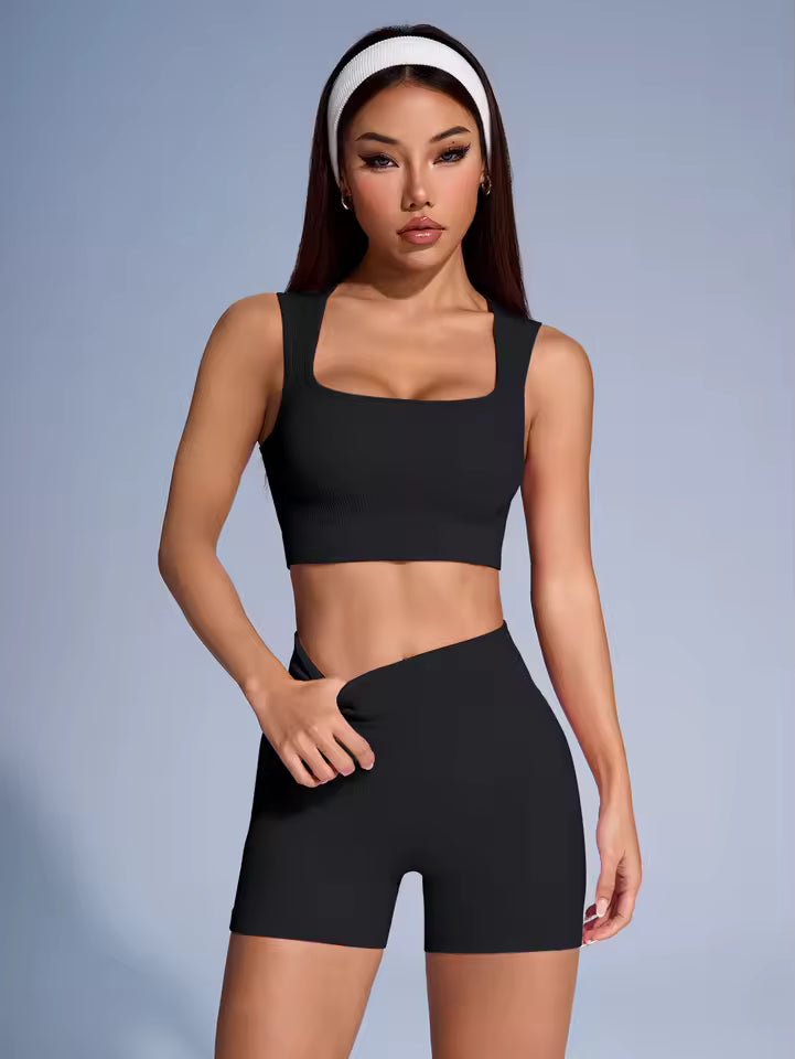 Coral Sculpt Bike Short Set - Ribbed Seamless Crop Tank & Shorts