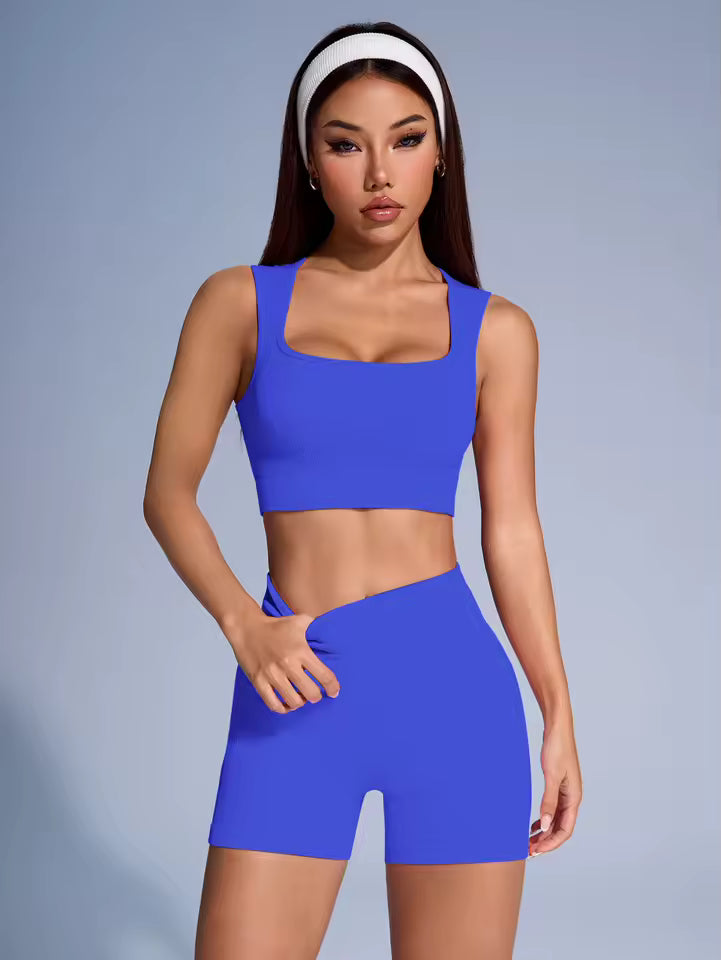 Coral Sculpt Bike Short Set - Ribbed Seamless Crop Tank & Shorts