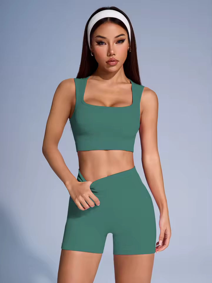 Coral Sculpt Bike Short Set - Ribbed Seamless Crop Tank & Shorts