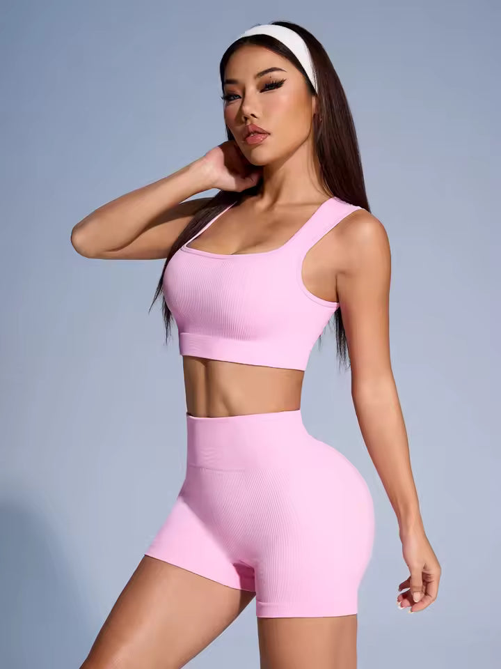 Coral Sculpt Bike Short Set - Ribbed Seamless Crop Tank & Shorts