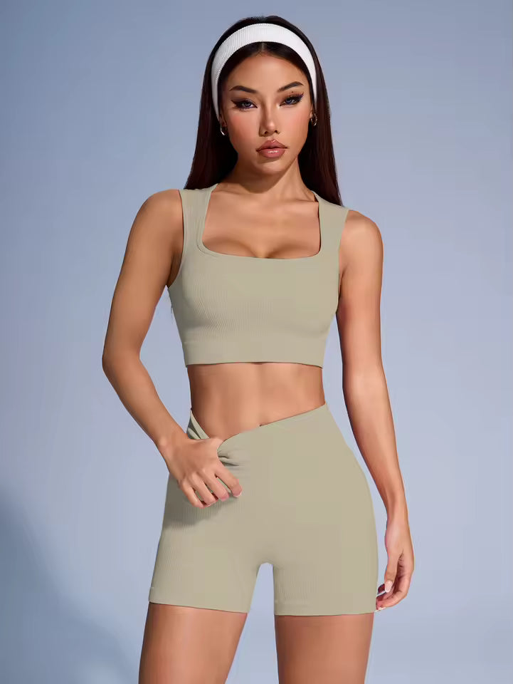 Coral Sculpt Bike Short Set - Ribbed Seamless Crop Tank & Shorts